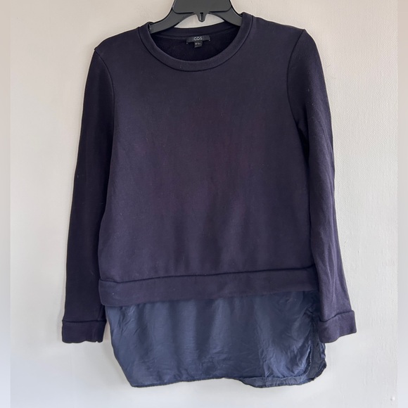 COS Navy Layered Look Tunic Sweatshirt Silk Hem Minimalist Scandi Capsule 90s XS - Picture 3 of 12